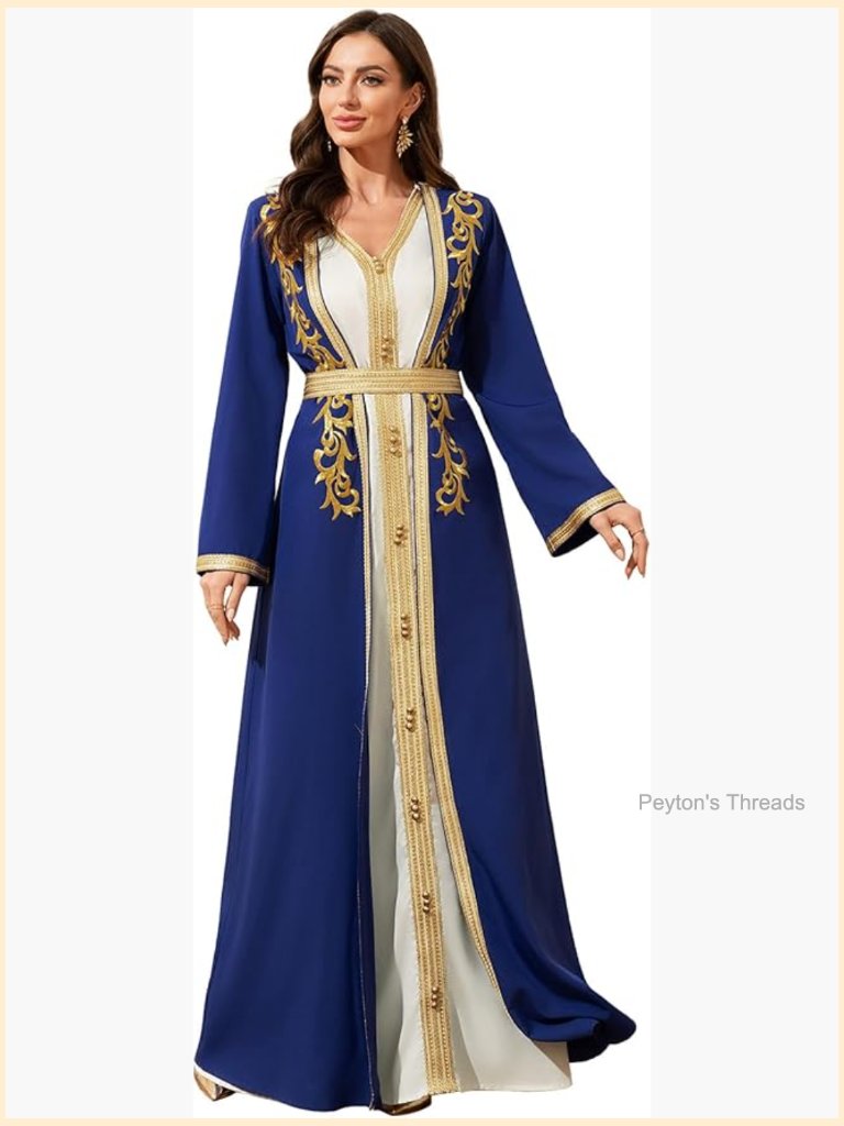 Elegant Muslim Dress With Gold Embroidered Evening Gown, Traditional Islamic